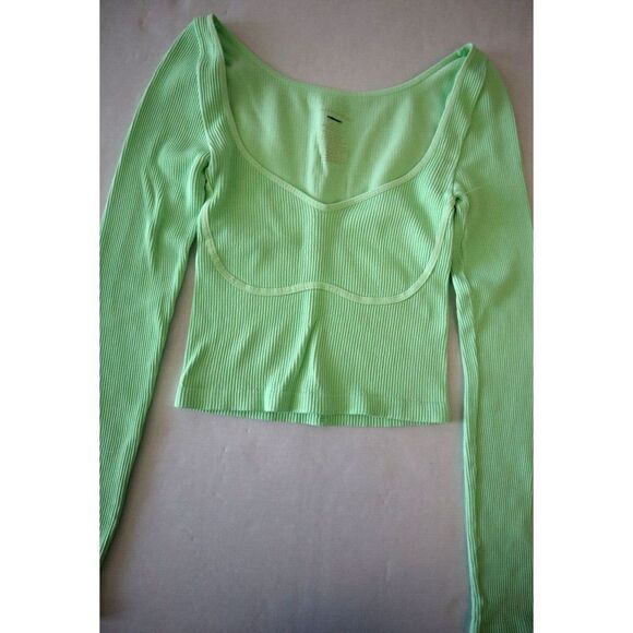 Intimately x Free People Women Sz XS Green Long Sleeve Ribbed Crop Top Shirt - Picture 3 of 4